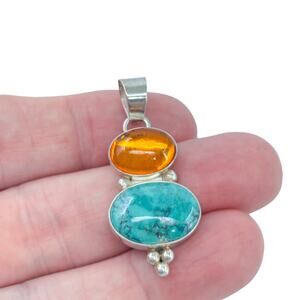Estate Sterling Silver 925 Orange Glass & Turquoise Pendant